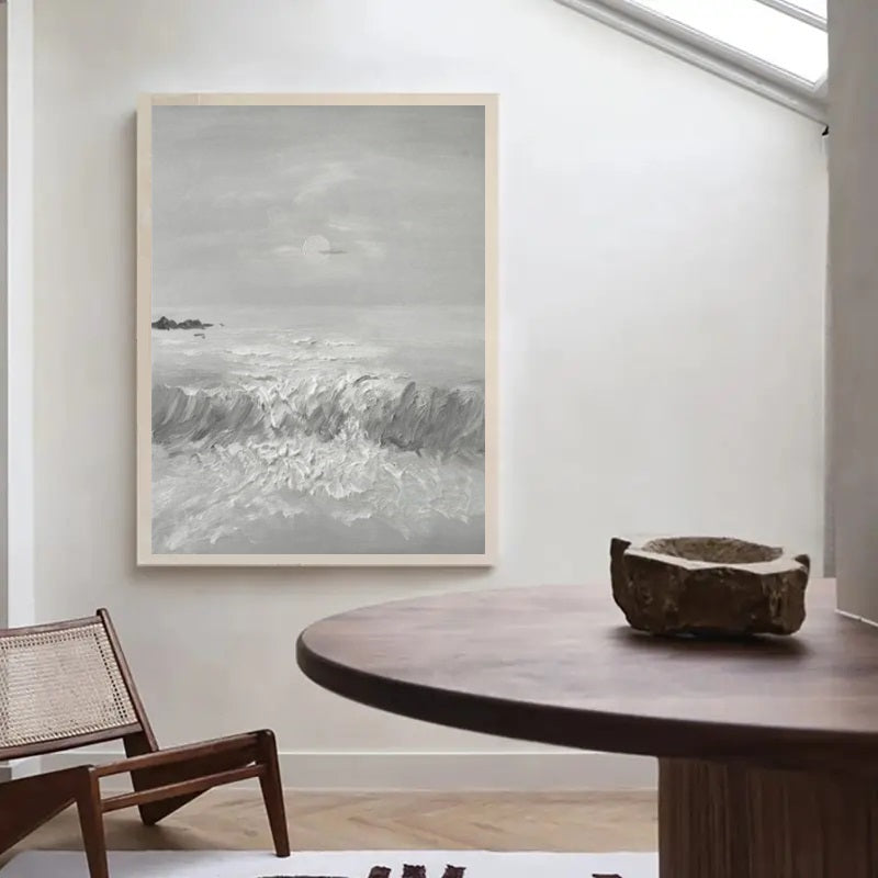 Japandi Seascape: Textured Oil Painting for a Coastal Wabi-Sabi Calm