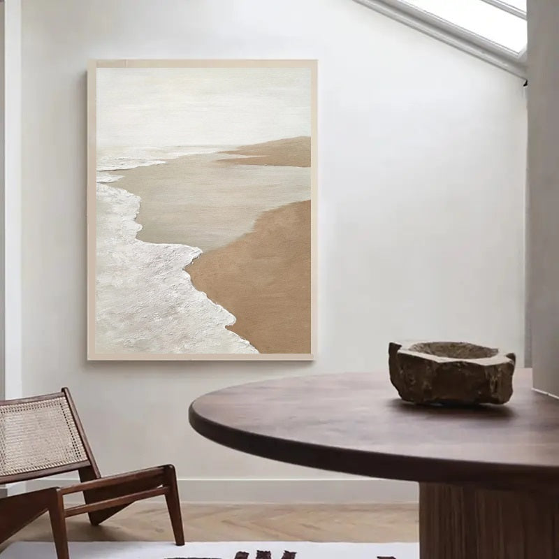 Japandi Coast: Textured Oil Painting for a Tranquil Escape (Beach Scene)