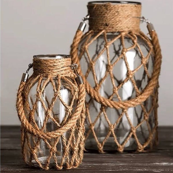 Hand-Woven Twine Glass Clear Vase for Vintage Home Decor