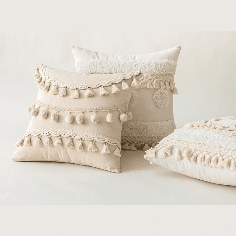 Beige Tufted Cushion Cover - Wabi-Sabi Tassel Crochet Decor