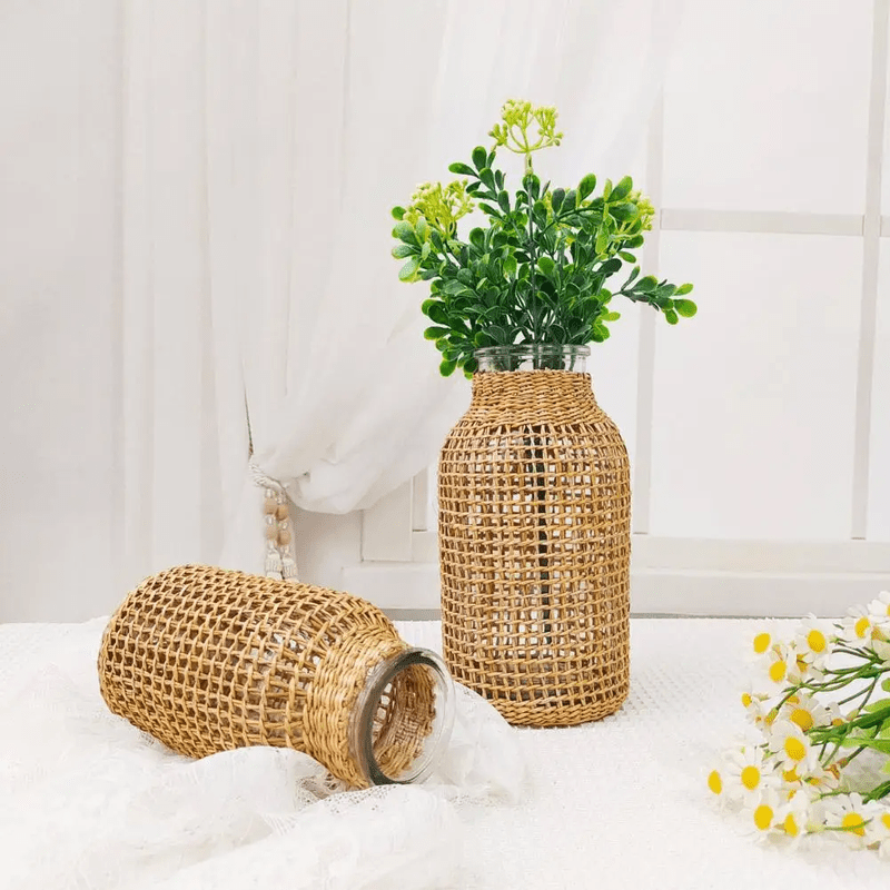 Japandi Style Glass Vase with Straw Woven Design