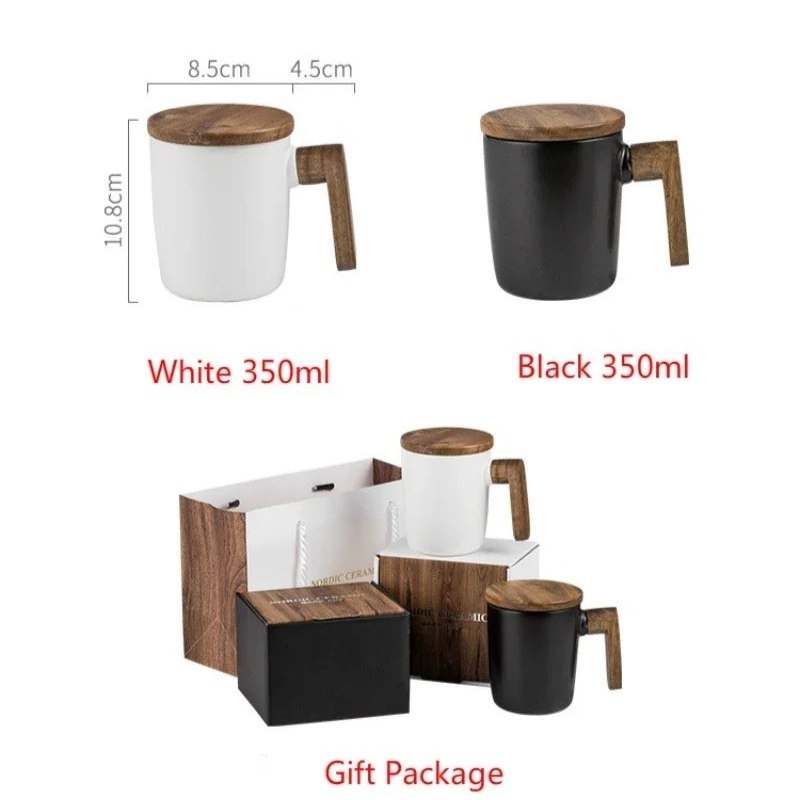 Wooden Handle Mugs (2pcs): Ceramic, Nordic Retro (350ml)