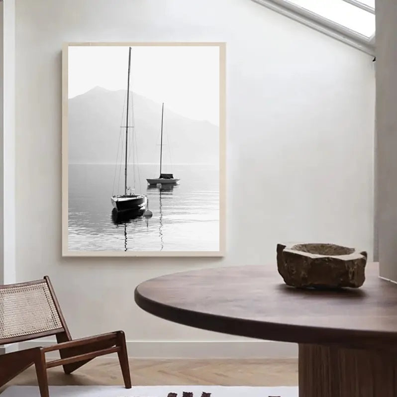 Japandi Serenity: Textured Landscape Canvas for Tranquility (Mountain, Lake, Boat)