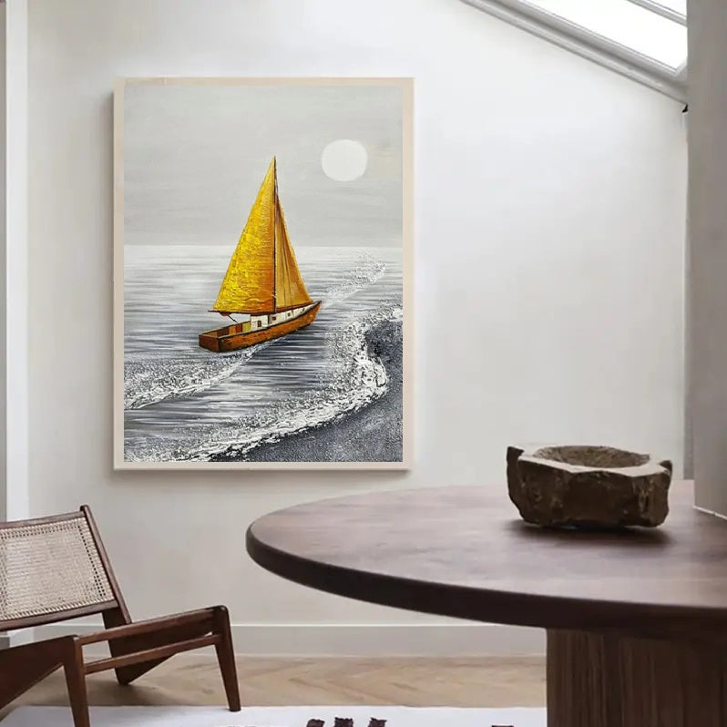 Coastal Escape: Textured Abstract Seascape (Sailboat, Hand-Painted)