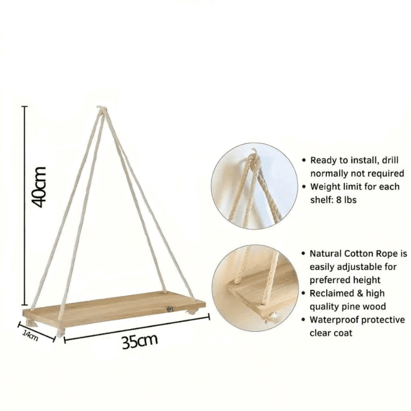 Wooden Swing Hanging Rope Wall Shelf