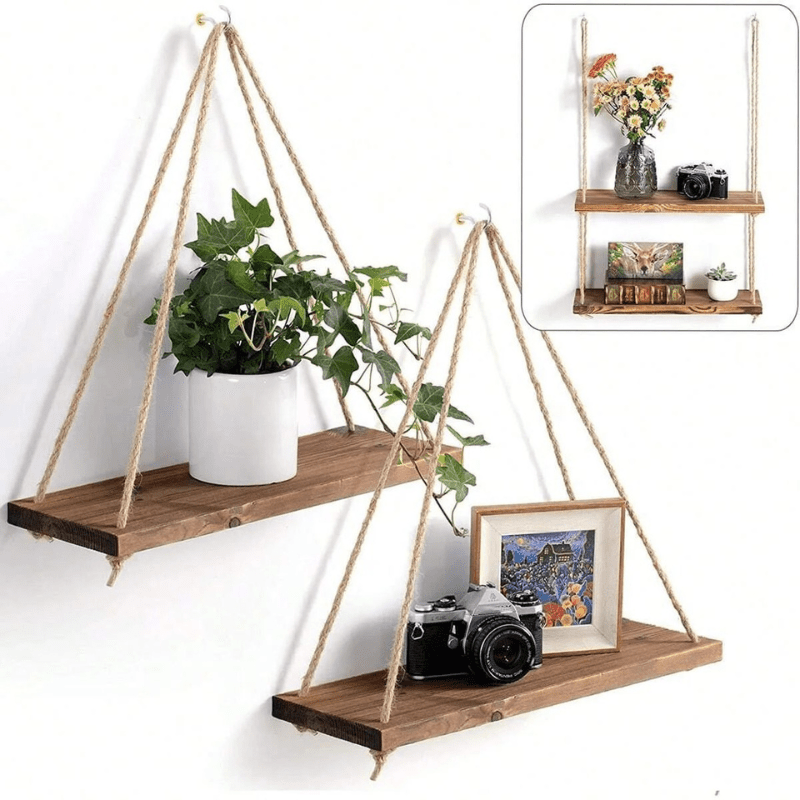 Wooden Swing Hanging Rope Wall Shelf