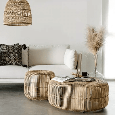 Retro Rattan Round Glass Coffee Table: Wabi-Sabi Garden Decor