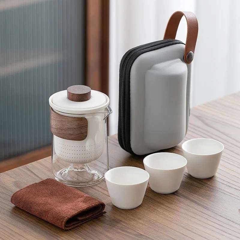 Travel Tea Set with Carrying Bag - Glass Teapot and Ceramic Cups