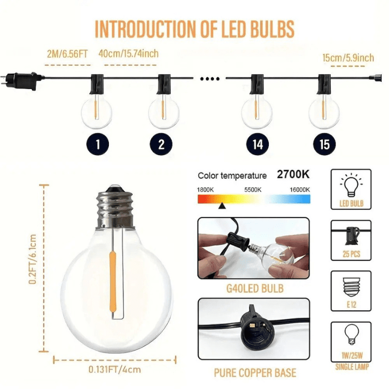 LED G40 Ball String Lights, 7,5 M - 15 M, Outdoor