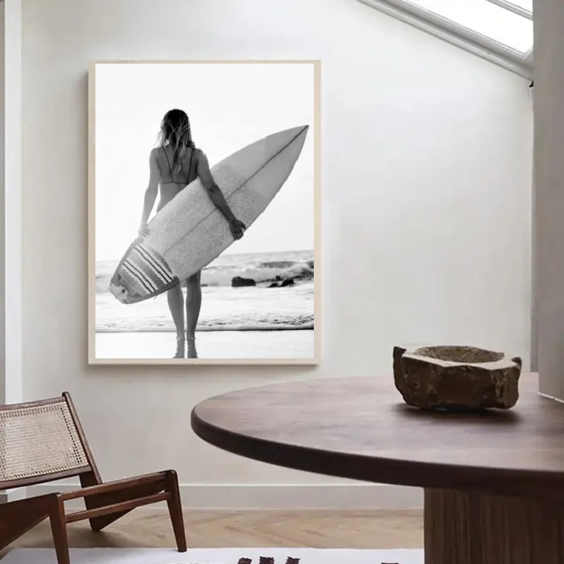 Japandi Coastal: Textured Seascape Canvas (Beach, Girl, Surfboard)