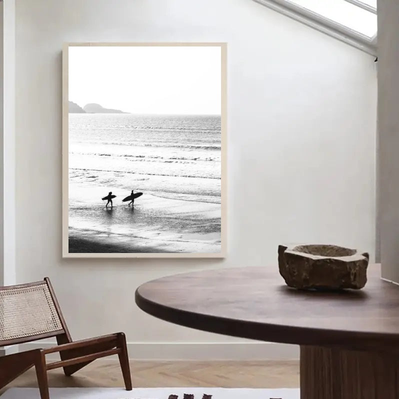 Japandi Coast: Textured Seascape Canvas (Surfing, Beach, Coconut)