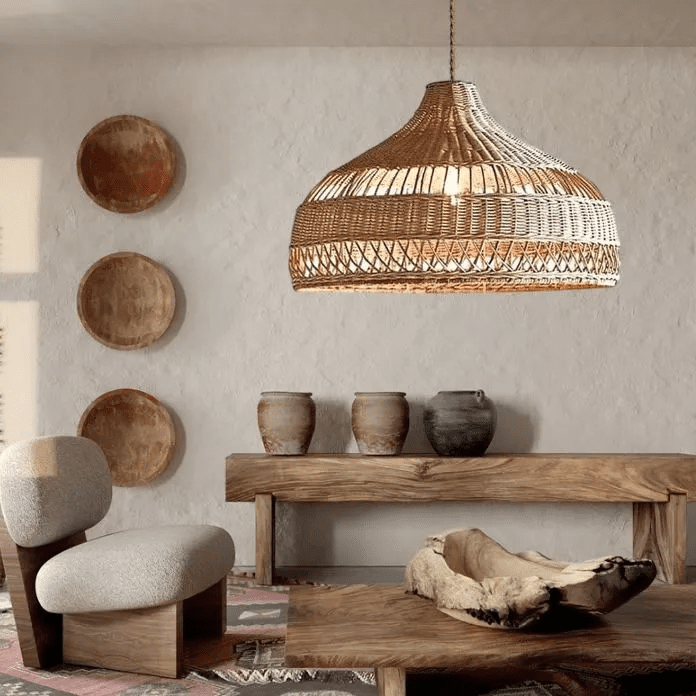 Beige Japandi Style Rattan Pendant Lights - Handmade Hanging Lamp