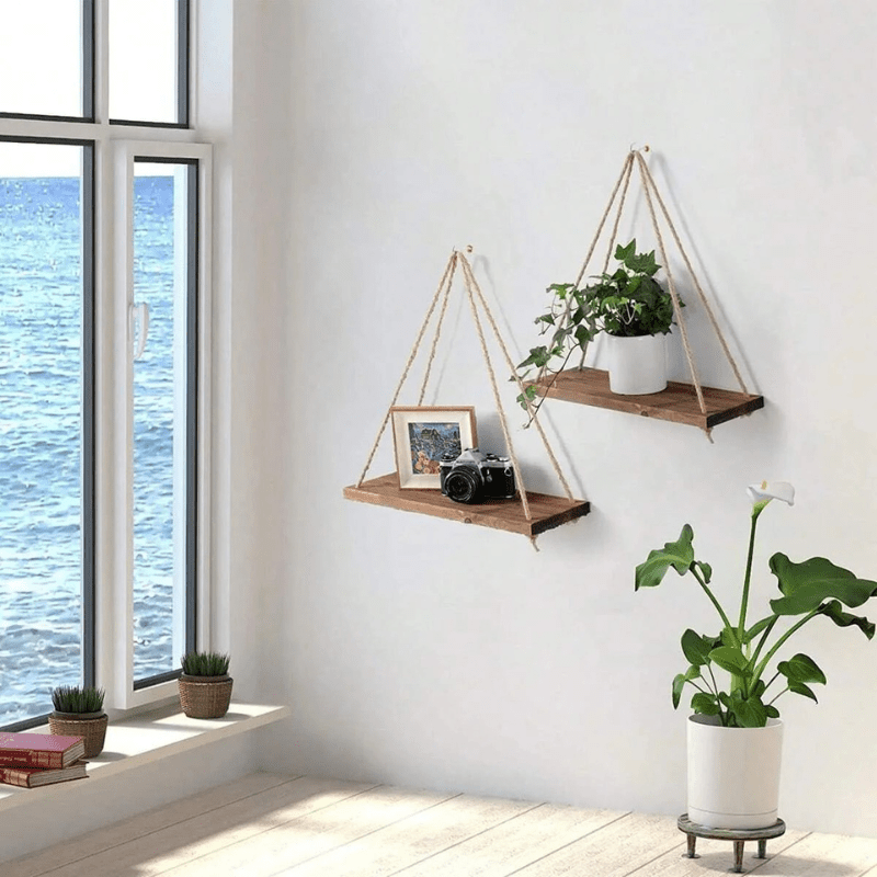 Wooden Swing Hanging Rope Wall Shelf