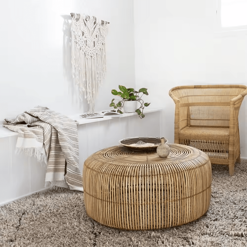 Retro Rattan Round Glass Coffee Table: Wabi-Sabi Garden Decor