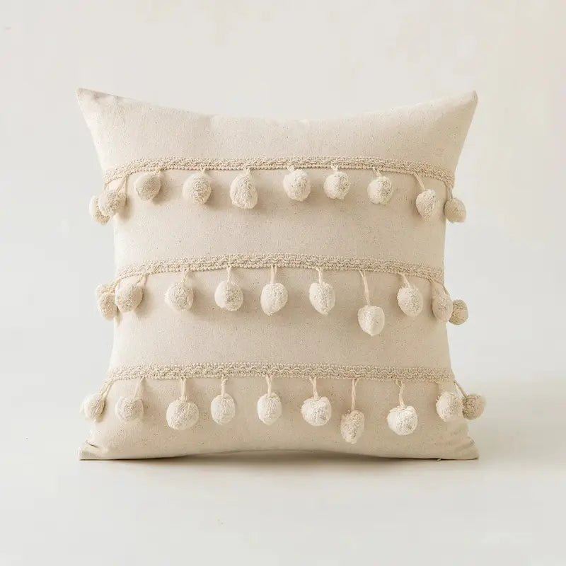 Beige Tufted Cushion Cover - Wabi-Sabi Tassel Crochet Decor